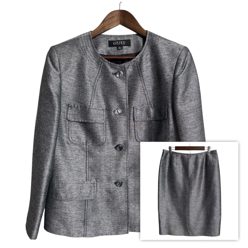 Kasper Silver Gray Textured Two-Piece Blazer and Skirt Set